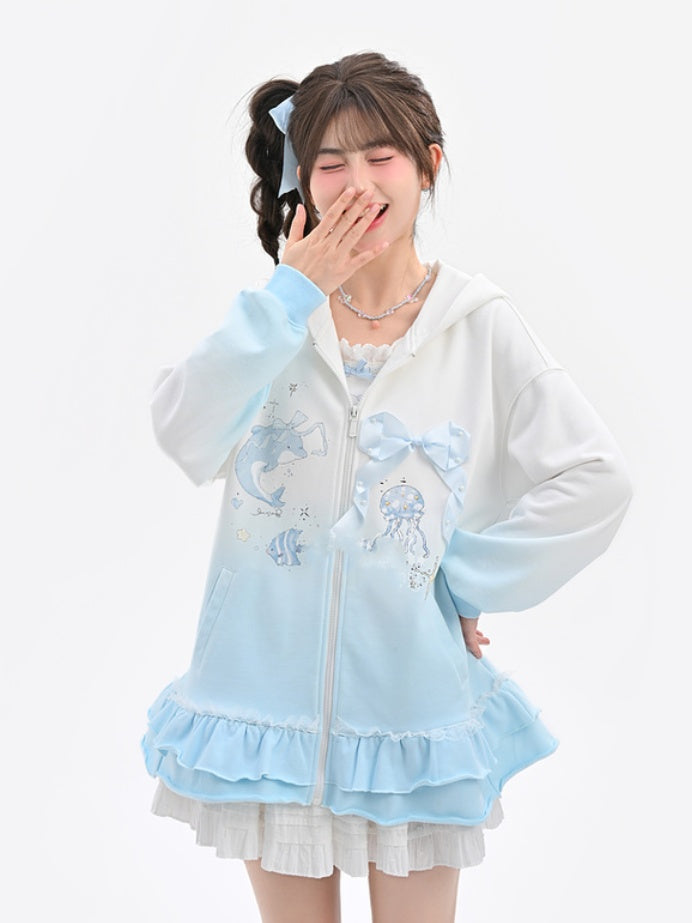 Gradient Blue & White Jellyfish and Dolphin Print Ruffled Trim Zip Closure Hoodie