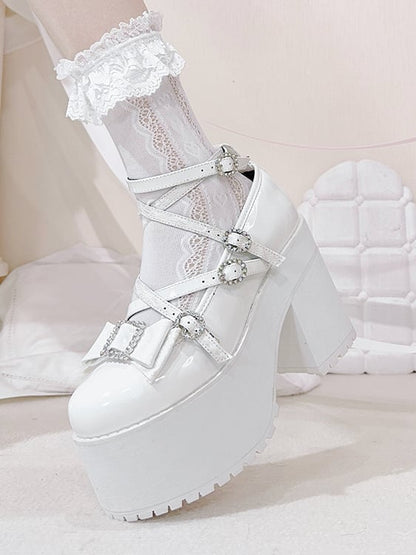 Polished White Jirai Kei Rhinestone Bowknot Landmine Style Platform Shoes