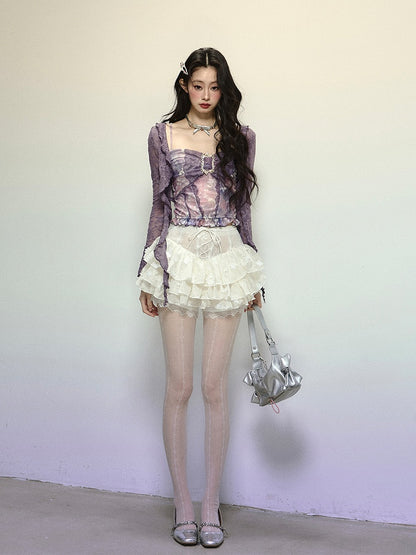 Lavender Semi-Sheer Open Placket Lace Top