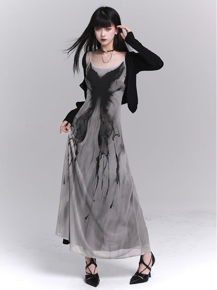Robe moulante gothique grise à motif papillon