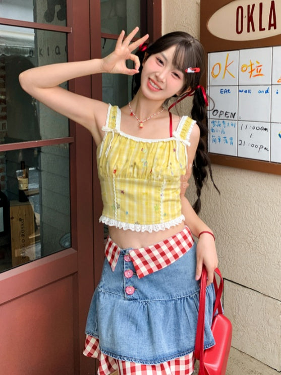 Trim Lace Star Print Top Yellow Plaid Cropped Sleeveless