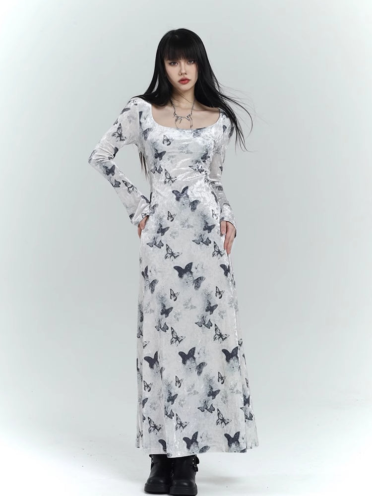 Robe moulante en velours blanc à imprimé papillon