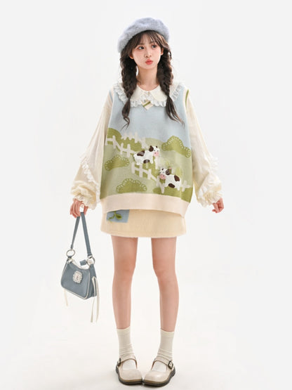 Green Pasture Cow Pattern Knitted Vest