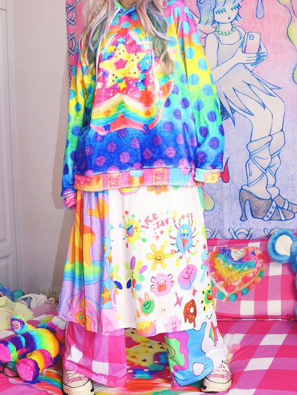 Cartoon Print Colorful A-Line Elastic Waist Skirt Y2K