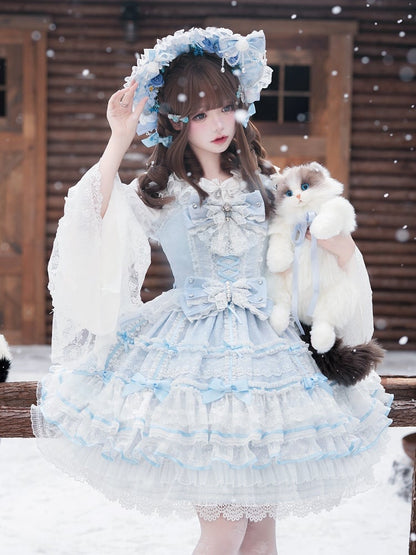 Blue Hanayome Bowknots Layered Skirt Sweet Hime Lolita Jumper Skirt Set