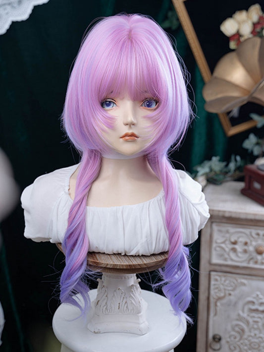 Wig Hime Color Ombre Hair With Bangs Wavy Cut Length 72CM Pink-Purple Air