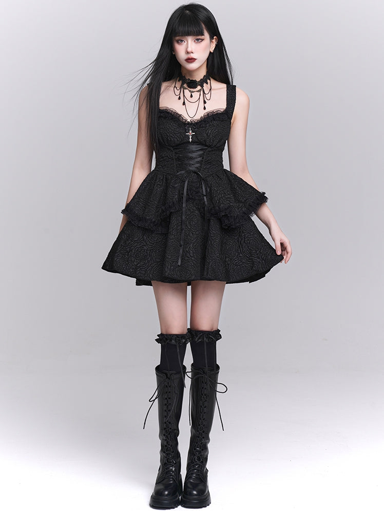 Skirt Gothic Black Sweetheart Neckline Lace-up Front Tiered