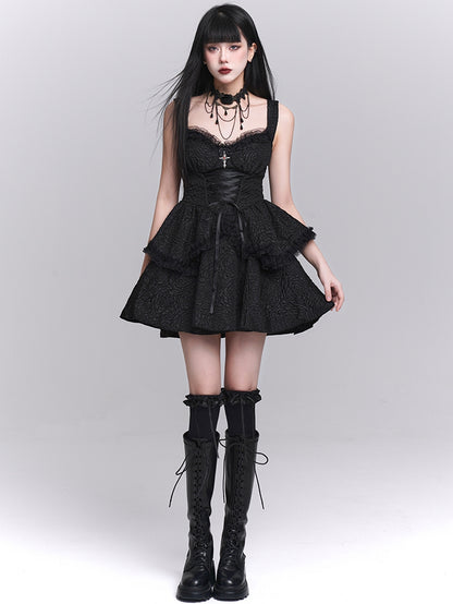 Skirt Gothic Black Sweetheart Neckline Lace-up Front Tiered