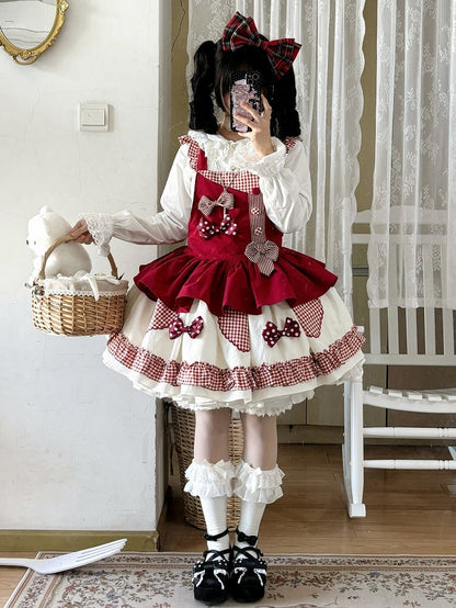 Red Gingham Sweet Bowknot Details Lolita Overall Dress