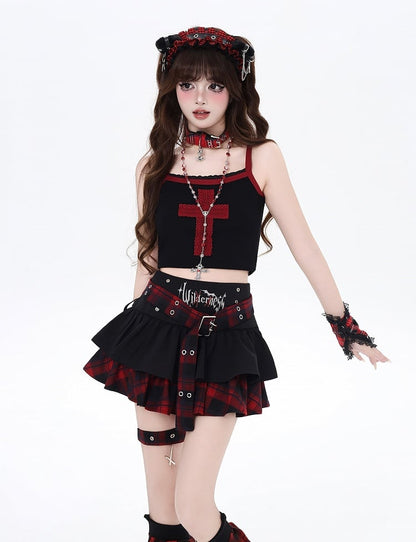 Lined Tiered Skirt with Cross Garter Red Plaid Buckle and Y2K Black Design Belt