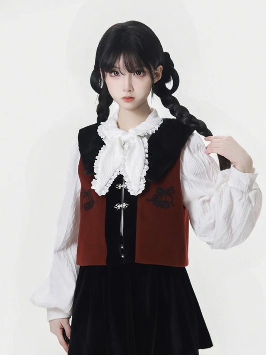 Gilet à nœud papillon noir et rouge avec col en peluche