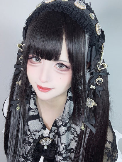 Highlight Bangs With Length And Silver Wig Black 70CM Straight