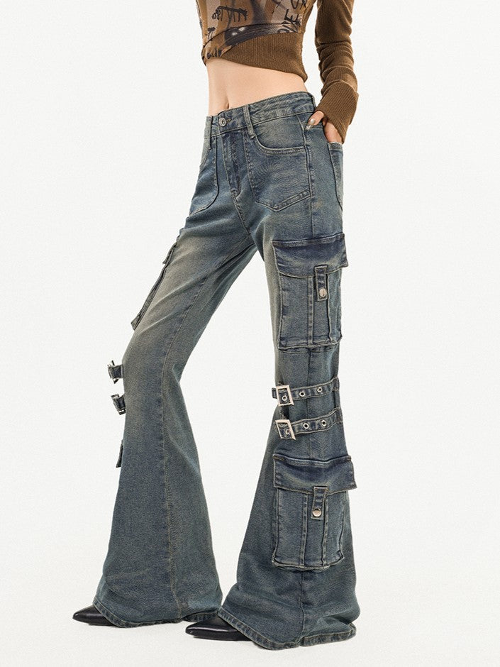 Blue Flared Jeans Slim-fit Denim Vintage Wash