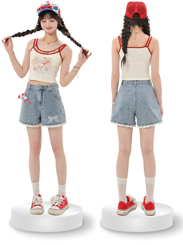 Blue Bowknot Embroidery Cuff Lace Trim Denim Shorts