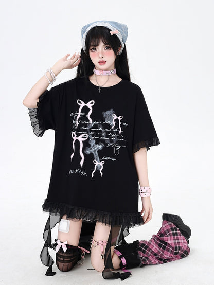 T-Shirt White/Black Cascading Ruffle Accents Bowknots Print Loose
