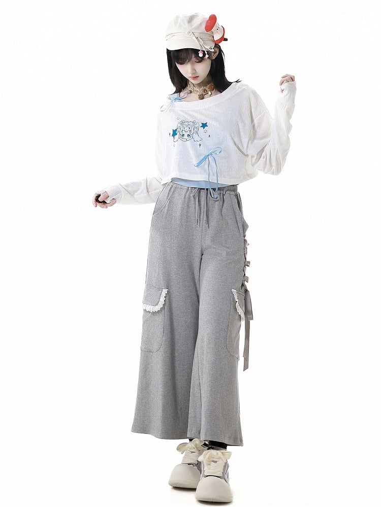Gray Drawstring Waist Lace-up Details Side Wide-Leg Pants