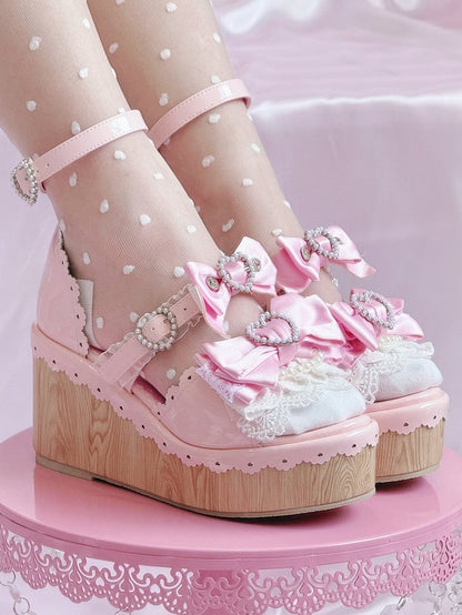 Heart Gyaru Beaded - Bow Wedge Pink Accents Platform Buckles Hime Sandals
