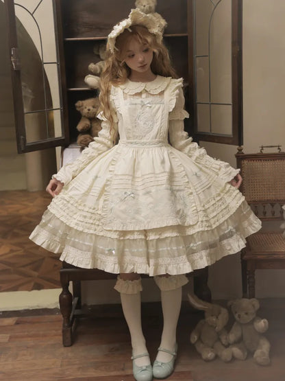 Dress Bow Collar Lolita Green Beige Cotton and Mint Pan Accents Peter
