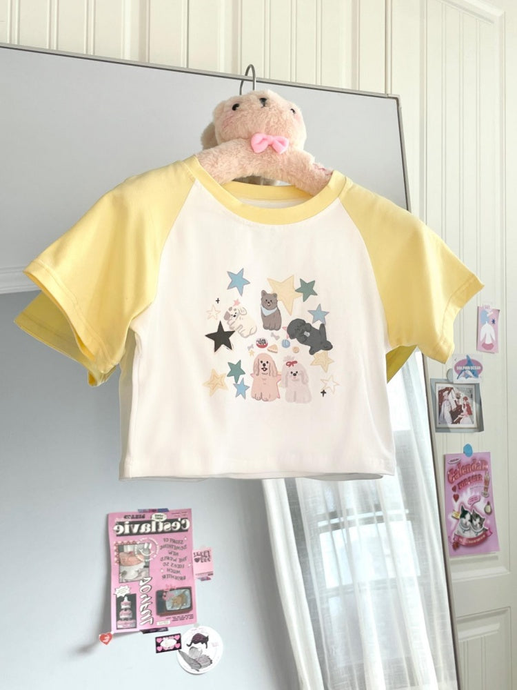 White Yellow Star and Puppy Print Cropped Top