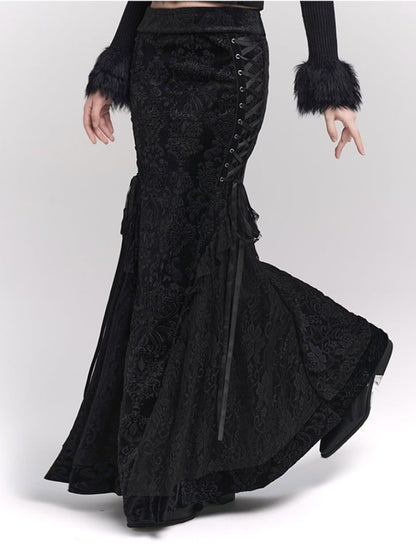 Black Velvet Mermaid Skirt with Lace-up Detail at Side