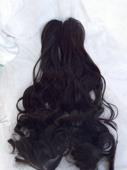 Black Short Bob Cut Wig With Full Bangs＋Double Curly Ponytail Claw Clips