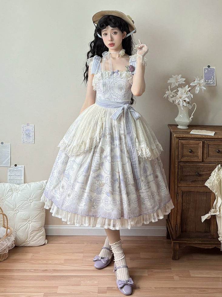Lolita Blumenkorb Klassischer Pullover Print Kleid Blume und Rock Lila