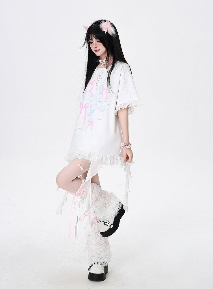 T-Shirt White/Black Cascading Ruffle Accents Bowknots Print Loose