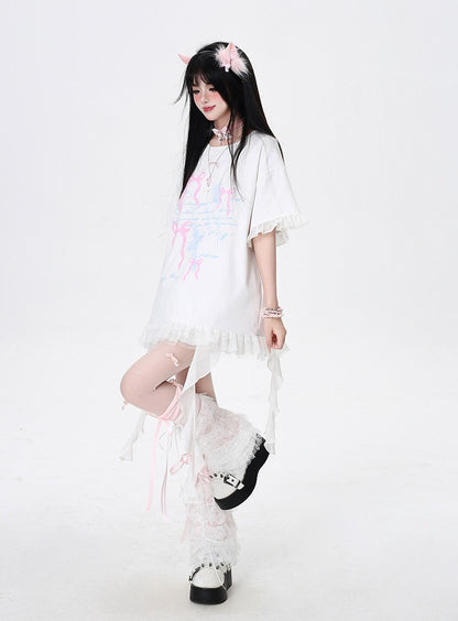 T-Shirt White/Black Cascading Ruffle Accents Bowknots Print Loose
