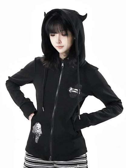 Long Sleeves Top Zip Closure Black/White Devil Horn Design Hood