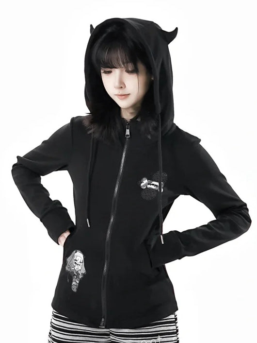 Long Sleeves Top Zip Closure Black/White Devil Horn Design Hood