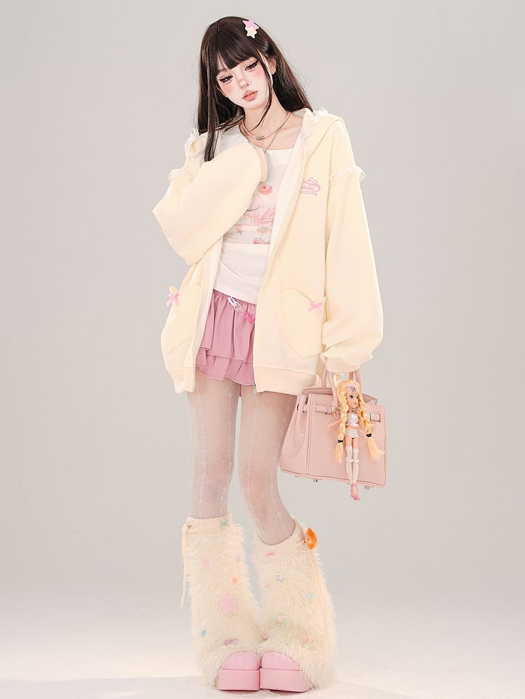 Blue/Apricot Bunny Ears Lace Trim Zip Hoodie