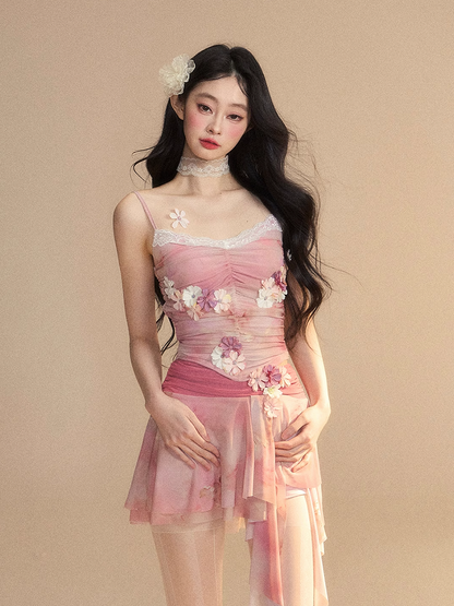 Top/Shorts mit asymmetrischem Saum und Kirschblüten-Print