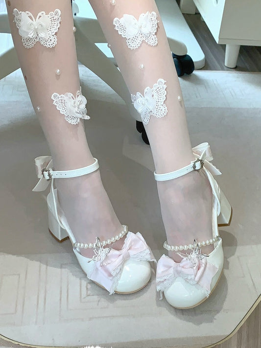 Kette Lolita Schleife Schuhe Abnehmbare Süße Weiße Perle Jane Mary Akzente und
