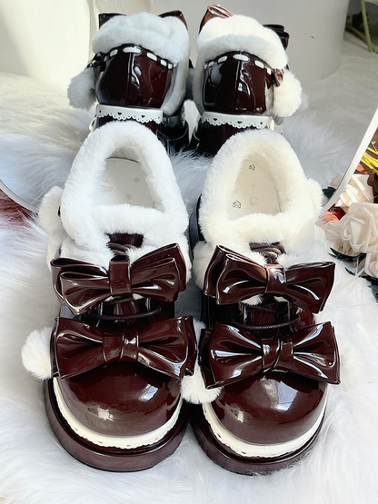 Lolita Coffee Cute Heart Bowknot Platform Shoes With Pompons