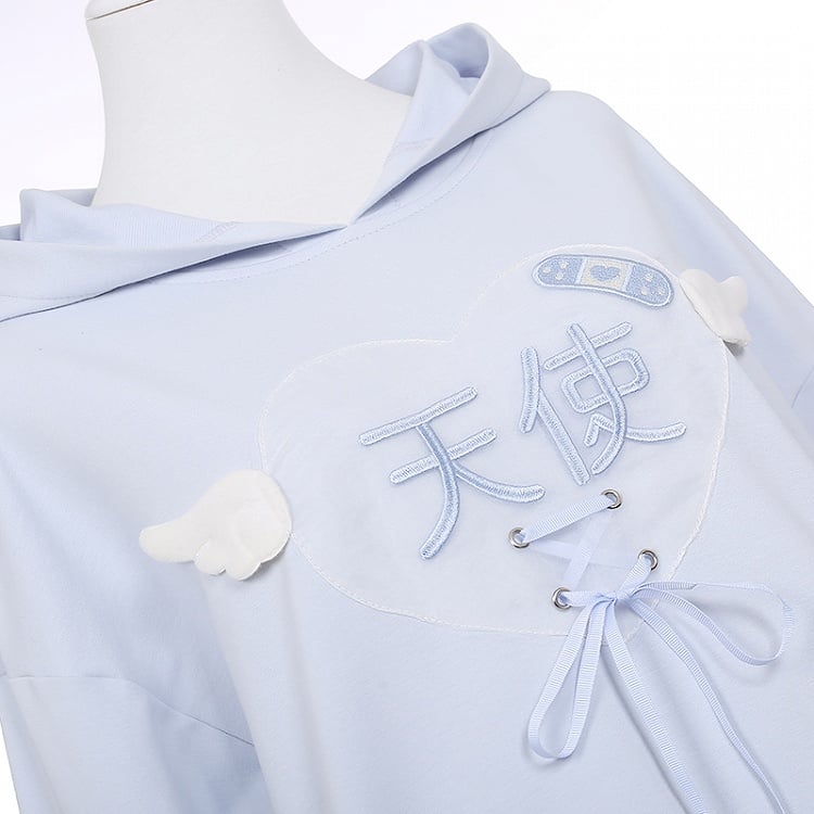 Tenshi Kaiwai Light Blue Characters Lace-up Detail Yami Kawaii Hoodie