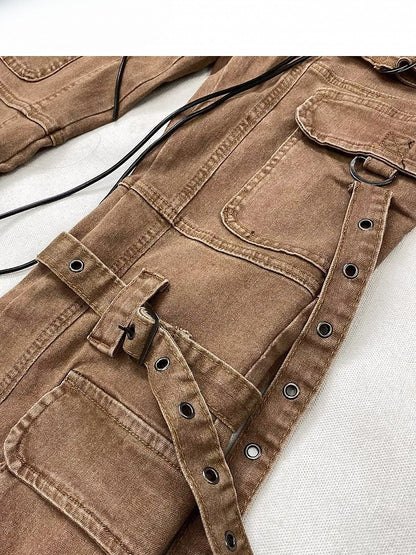 Wasteland Silhouette Flare Lace-up Jeans Punk Detail Brown Coffee