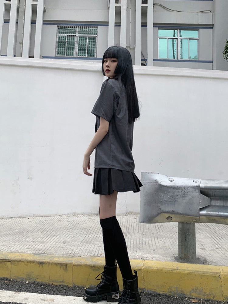 Grey Preppy JK Uniform Shirt with Tie