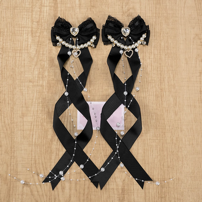 Rhinestone Bow Hairclips with Beaded Chains 5 Colors Jirai Kei Heart