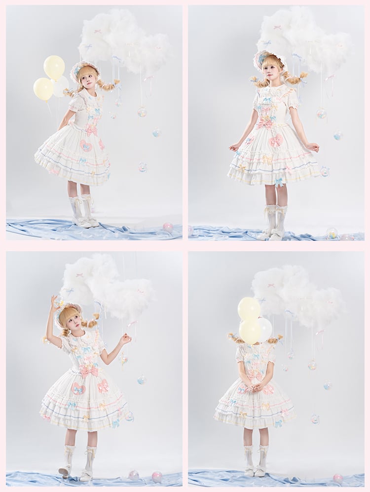 Bowknots White Ruffled Lace Trim Bonnet Macaron Color
