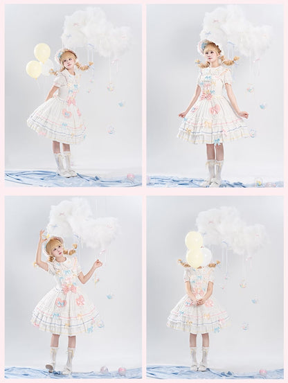 Bowknots White Ruffled Lace Trim Bonnet Macaron Color