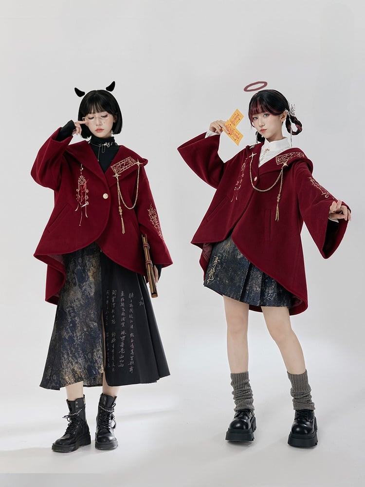Red New Year Outfit Details Unisex Hooded Cape Coat