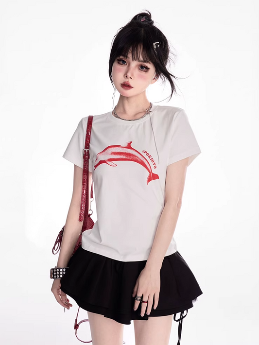 Red Dolphin Print White Round Neck Slim-fitting T-shirt