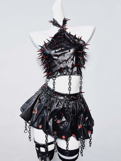 Punk Black Halter Neck Studs Cross Chain Sleeveless Top+Skirt Set