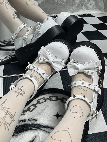 Y2K Polished White Stud Bowknot Buckle Strap Punk Platform Shoes