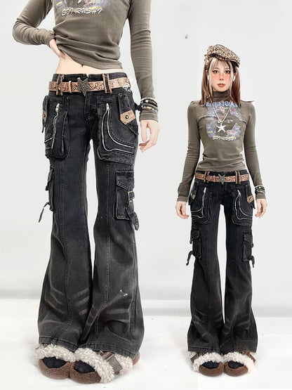 Black Wasteland Punk Distressed Flared Jeans with Cargo Pockets