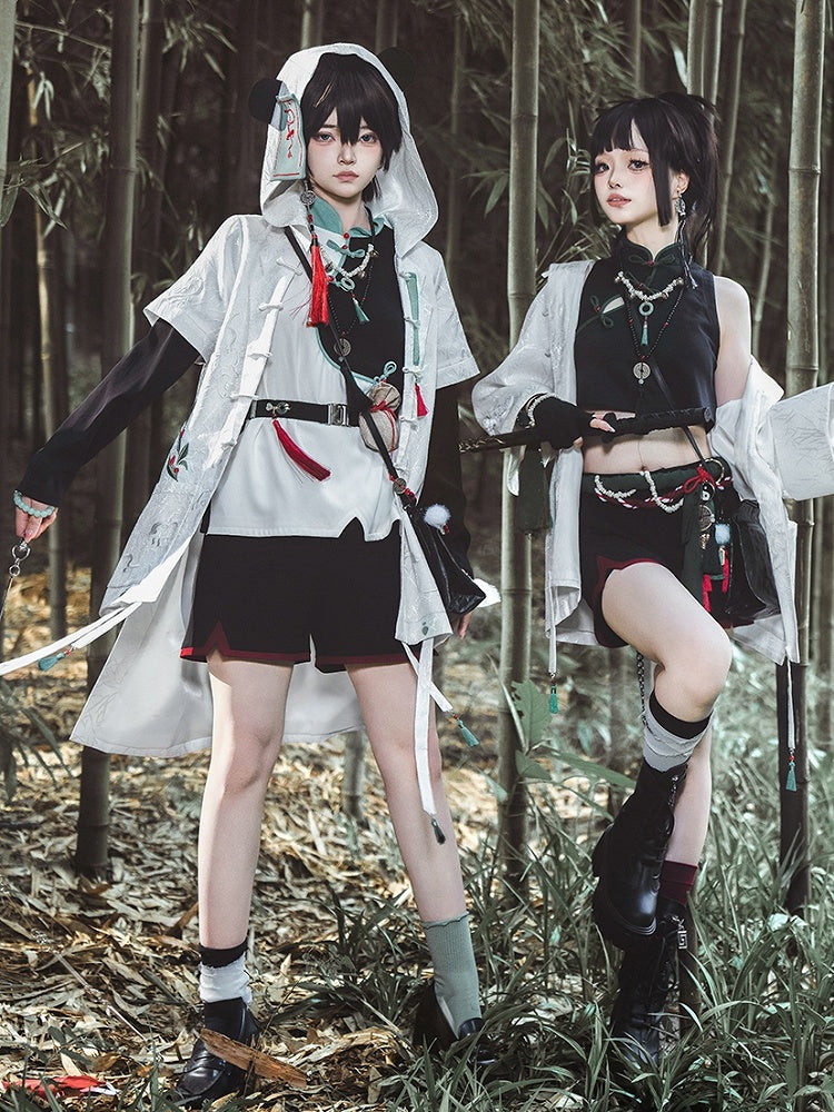 Coat Panda White Leaf Jacquard Hooded Ears Bamboo