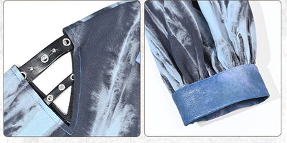 Grunge Punk Rock Blue Cutout Sleeves Tie Dye PU Moto Jacket with Free Belt