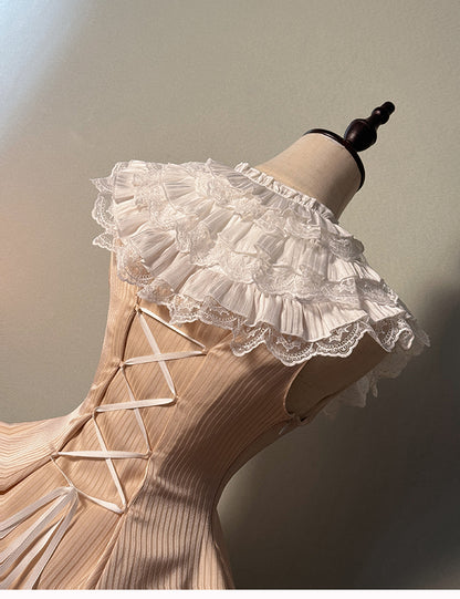 Lolita Fabric Champagne Layered Neck Ruffle Striped Dress Fit Slim Sweet Waist Sleeveless