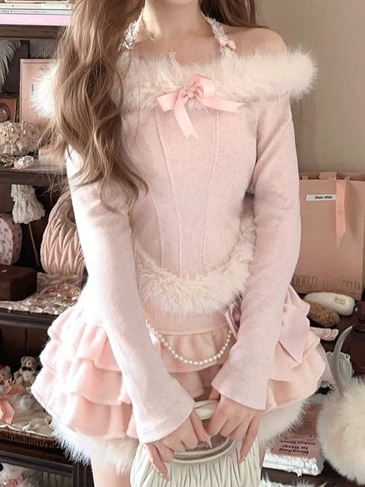 Off-Shoulder Knit Top With Faux Fur  Charming Bow Accent Pink