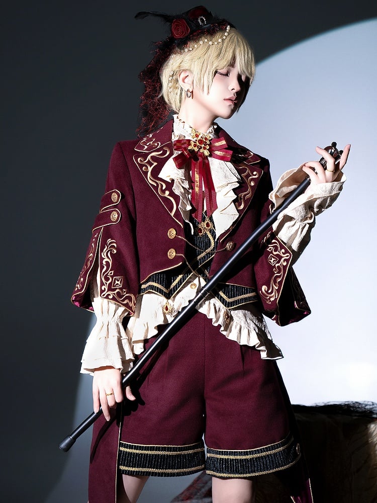 Tenue Lolita Gryffondor Ouji rouge : chemise à manches longues + manteau queue d'hirondelle rouge + short coupe droite